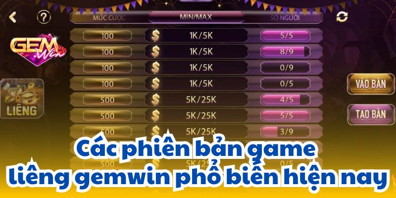 Các phiên bản game liêng gemwin phổ biến hiện nay